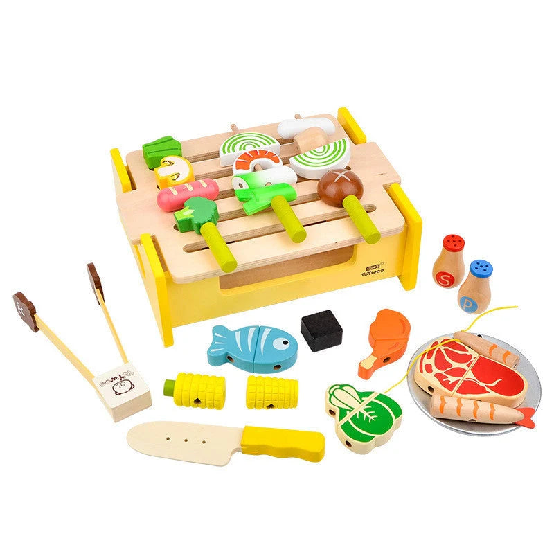 Wooden play kitchen BBQ set with magnetic mini food pieces for children