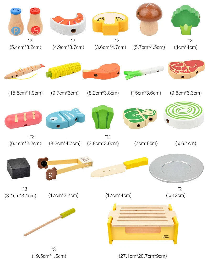 Wooden play kitchen BBQ set with magnetic mini food pieces for children