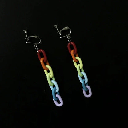 Vintage rainbow buckle acrylic plastic chain earrings, 6.5cm long, vibrant colours