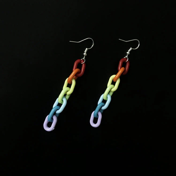 Vintage rainbow buckle acrylic plastic chain earrings, 6.5cm long, vibrant colours