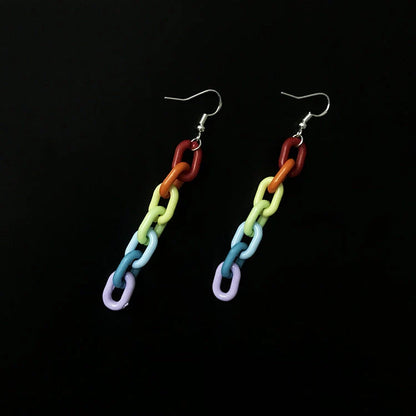 Vintage rainbow buckle acrylic plastic chain earrings, 6.5cm long, vibrant colours