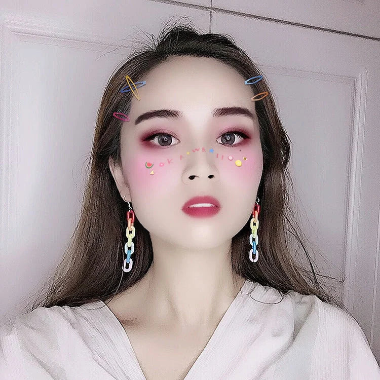 Vintage rainbow buckle acrylic plastic chain earrings, 6.5cm long, vibrant colours