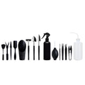 Black plastic and metal 15-piece mini succulent garden tool set displayed with shovel, tweezers, scissors, watering bottle, and cushion.