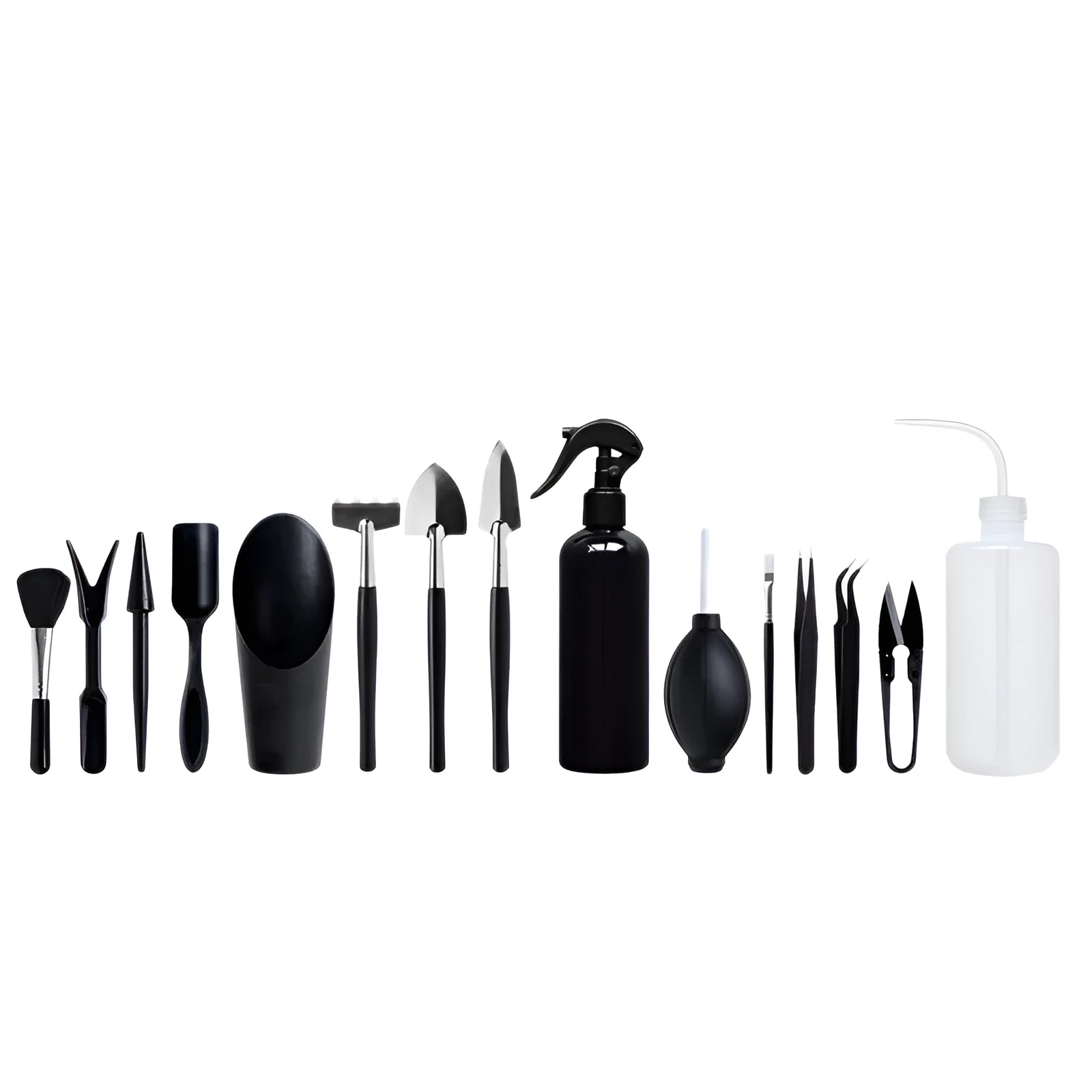 Black plastic and metal 15-piece mini succulent garden tool set displayed with shovel, tweezers, scissors, watering bottle, and cushion.