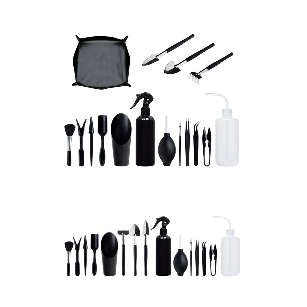 Black plastic and metal 15-piece mini succulent garden tool set displayed with shovel, tweezers, scissors, watering bottle, and cushion.