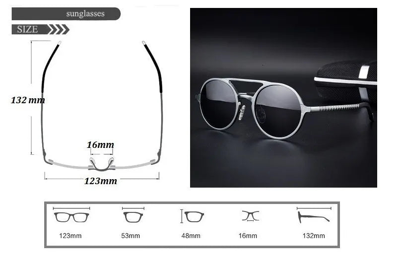 Men's polarised vintage round sunglasses with aluminium magnesium frame and UV400 protection in black with grey lens