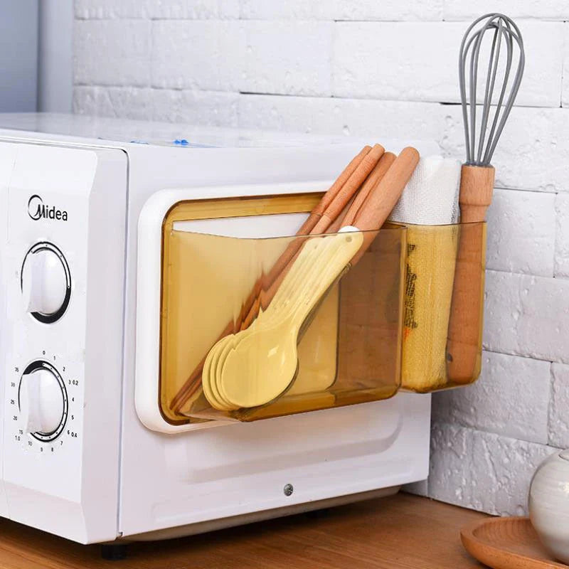 Magnet-free perforated cling film storage rack for refrigerator organisation in white and transparent