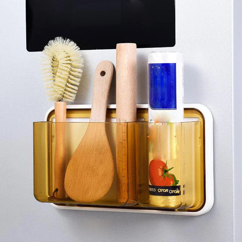 Magnet-free perforated cling film storage rack for refrigerator organisation in white and transparent