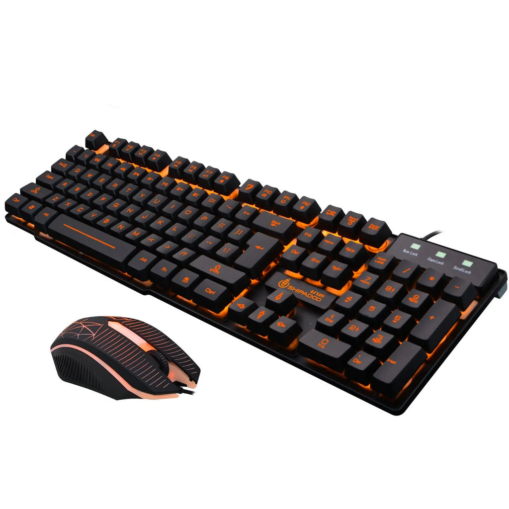 USB wired keyboard set with metal bottom plate, orange luminous keys, and wired mouse on desk