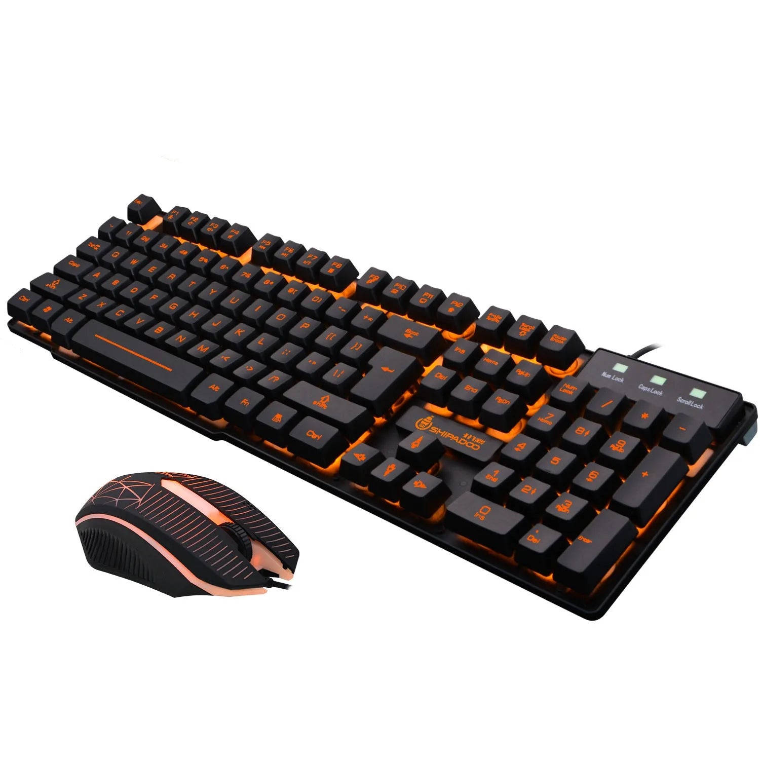 USB wired keyboard set with metal bottom plate, orange luminous keys, and wired mouse on desk
