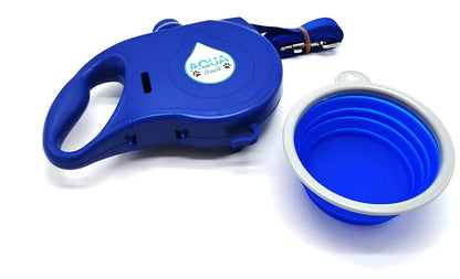Blue automatic retractable dog leash with 3m extension, ergonomic handle, and folded silicone bowl, 22x16x5.5cm size