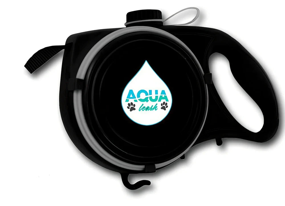 Blue automatic retractable dog leash with 3m extension, ergonomic handle, and folded silicone bowl, 22x16x5.5cm size