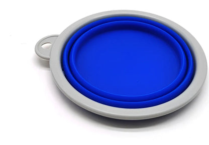 Blue automatic retractable dog leash with 3m extension, ergonomic handle, and folded silicone bowl, 22x16x5.5cm size