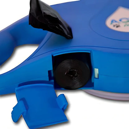 Blue automatic retractable dog leash with 3m extension, ergonomic handle, and folded silicone bowl, 22x16x5.5cm size