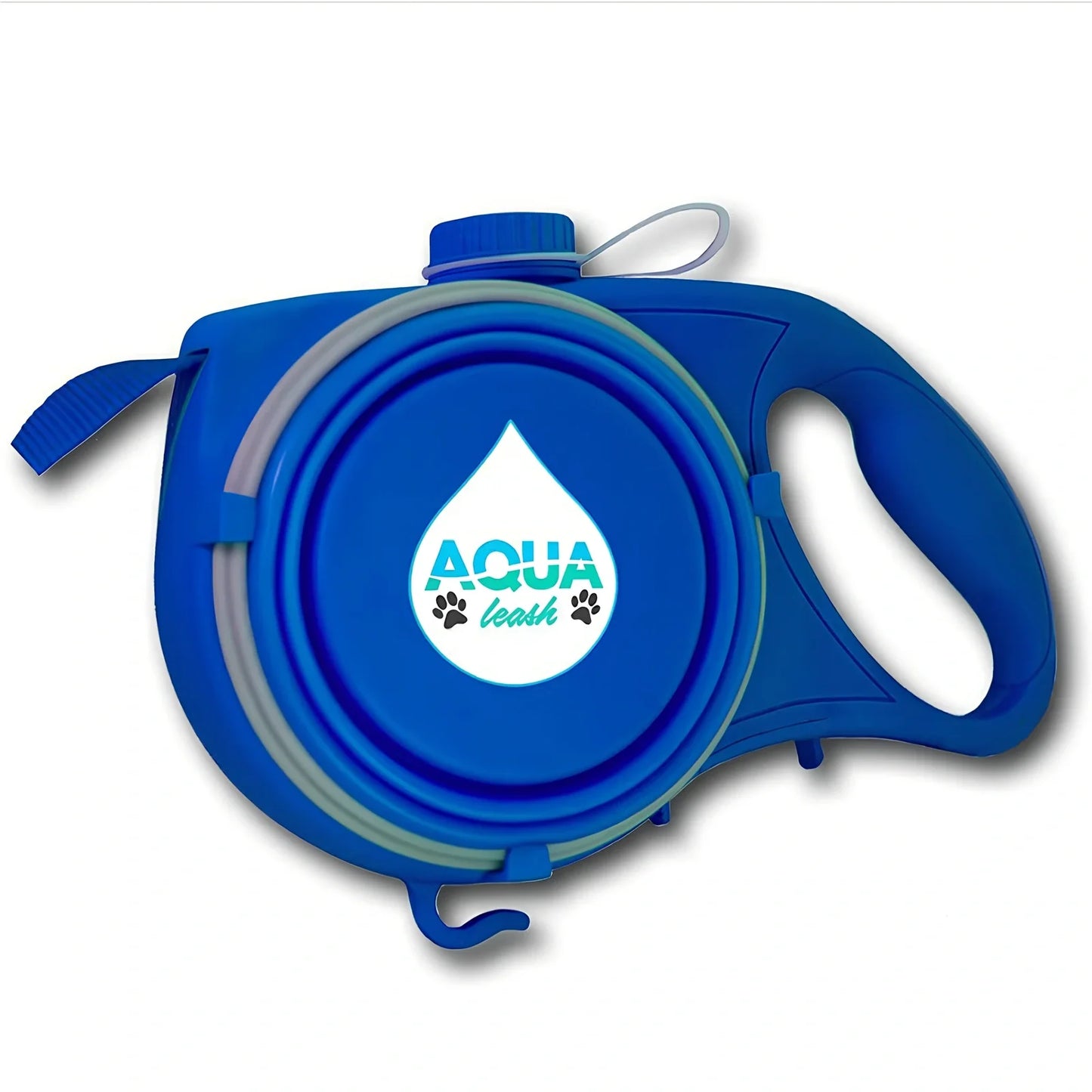 Blue automatic retractable dog leash with 3m extension, ergonomic handle, and folded silicone bowl, 22x16x5.5cm size