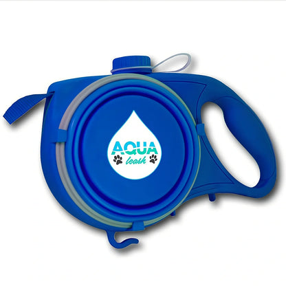 Blue automatic retractable dog leash with 3m extension, ergonomic handle, and folded silicone bowl, 22x16x5.5cm size