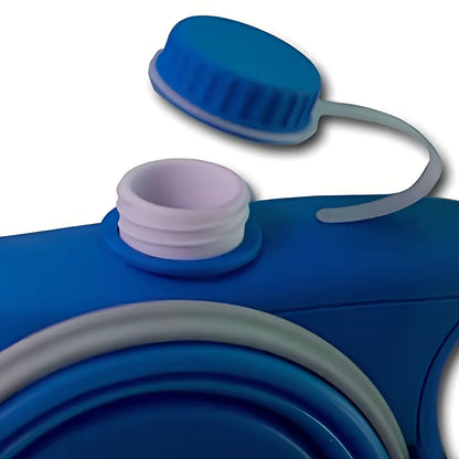 Blue automatic retractable dog leash with 3m extension, ergonomic handle, and folded silicone bowl, 22x16x5.5cm size