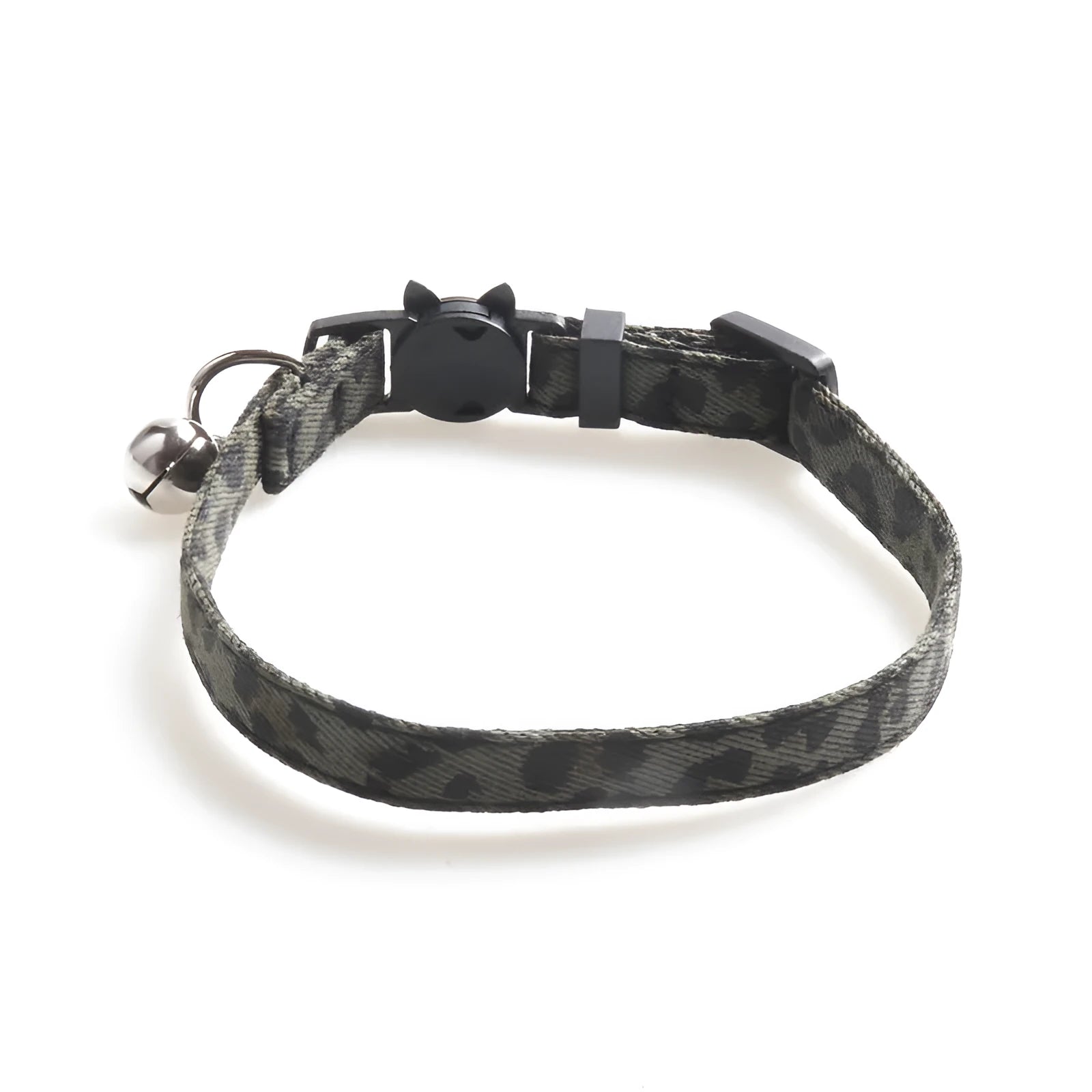 Brown cloth cat collar with attached bell on a white background