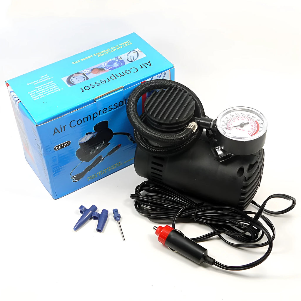 Black 12V 100W electric air pump for car and motorcycle tyres with cigarette lighter plug and inflatable tube