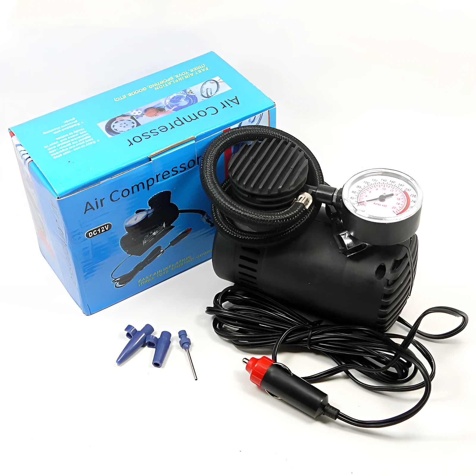 Black 12V 100W electric air pump for car and motorcycle tyres with cigarette lighter plug and inflatable tube