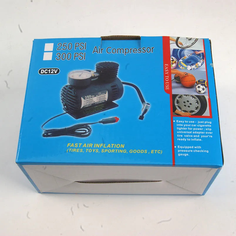 Black 12V 100W electric air pump for car and motorcycle tyres with cigarette lighter plug and inflatable tube