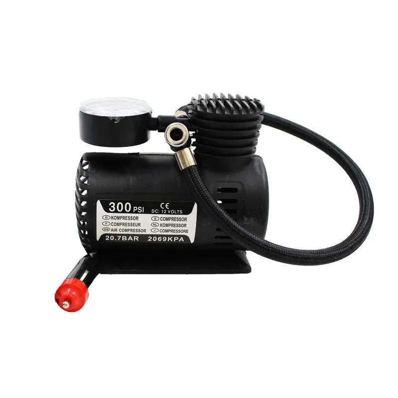 Black 12V 100W electric air pump for car and motorcycle tyres with cigarette lighter plug and inflatable tube