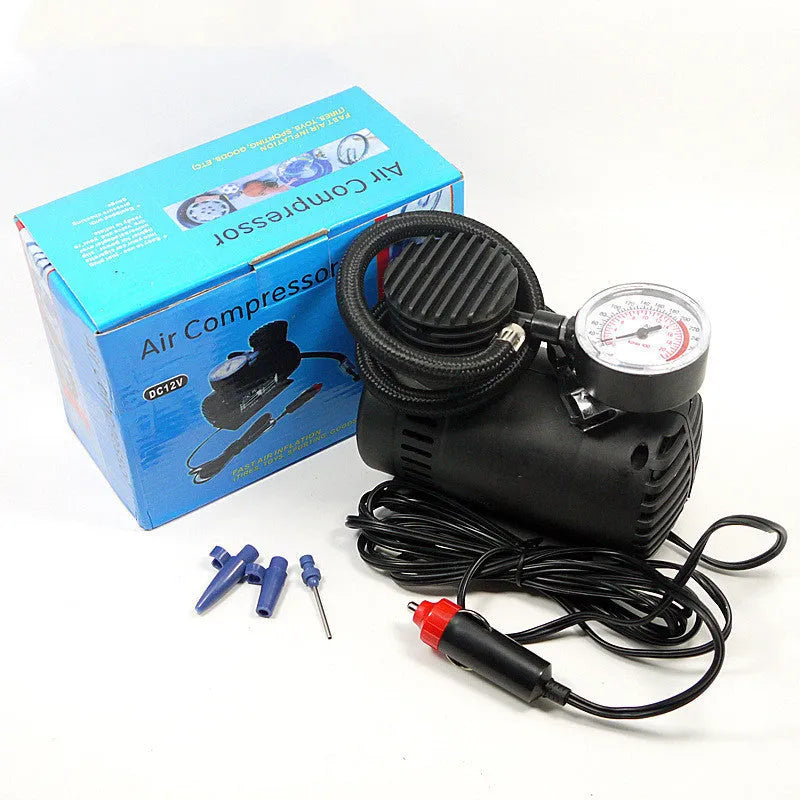 Black 12V 100W electric air pump for car and motorcycle tyres with cigarette lighter plug and inflatable tube