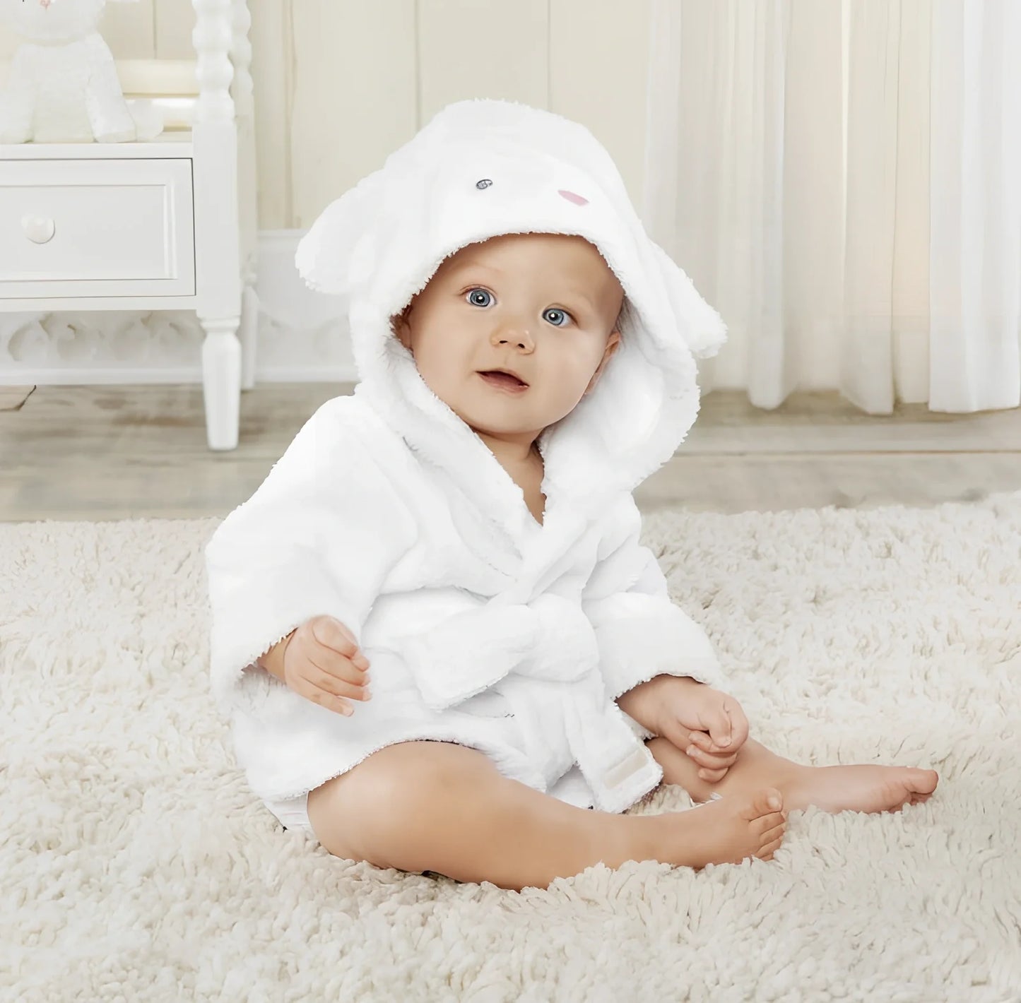 Cotton baby bathrobe with animal hood showing panda design, belt fastening, and absorbent fabric