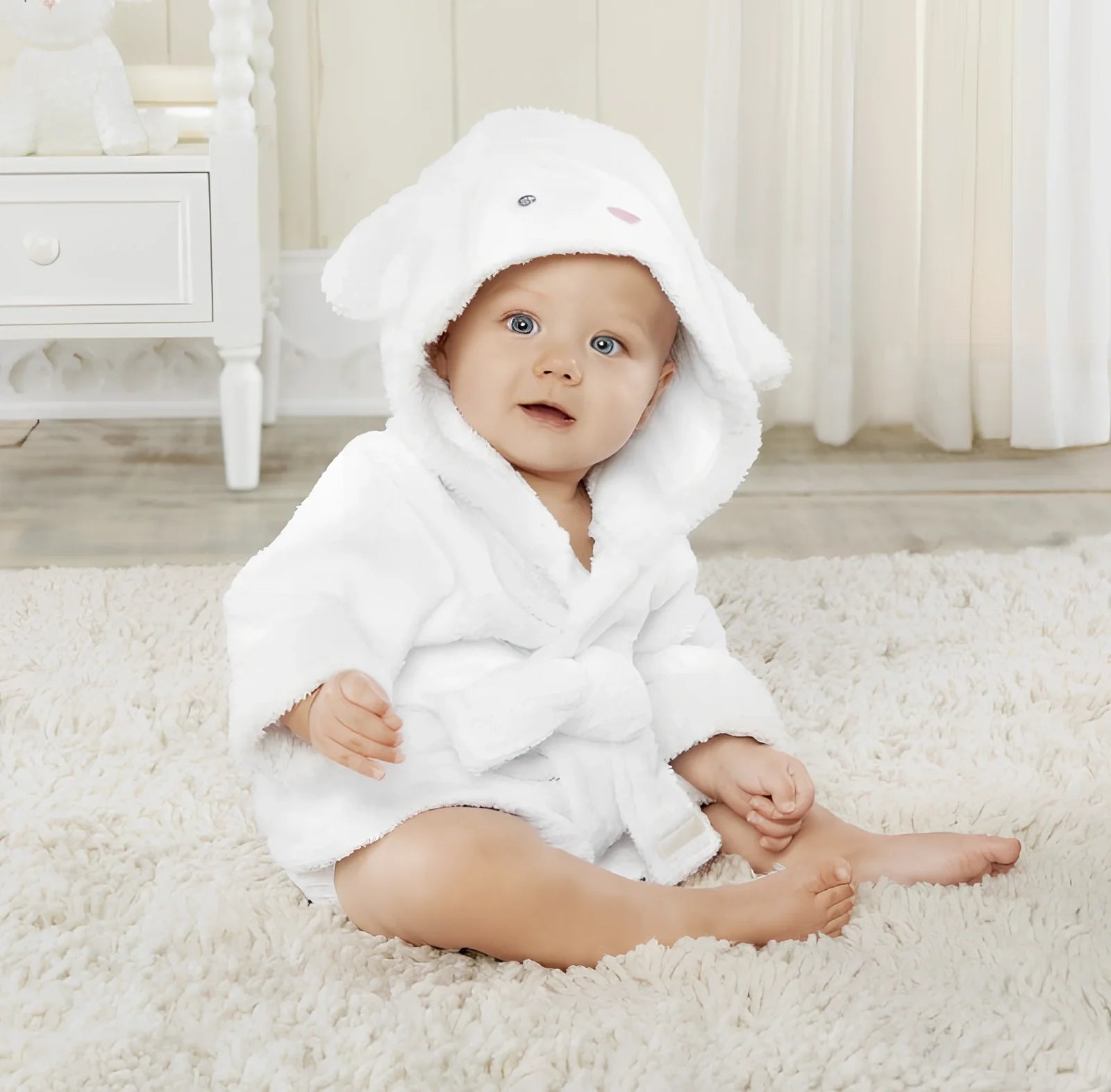 Cotton baby bathrobe with animal hood showing panda design, belt fastening, and absorbent fabric