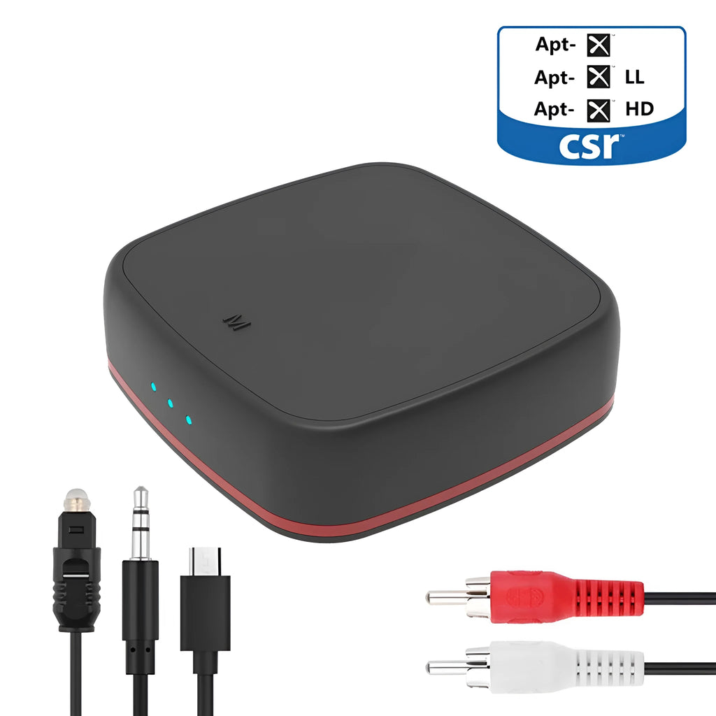 Black CSR8675 Bluetooth 5.0 audio adapter with optical and AUX ports on a white background