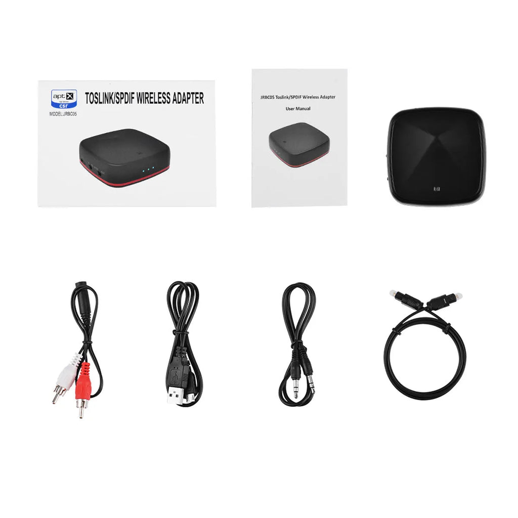 Black CSR8675 Bluetooth 5.0 audio adapter with optical and AUX ports on a white background