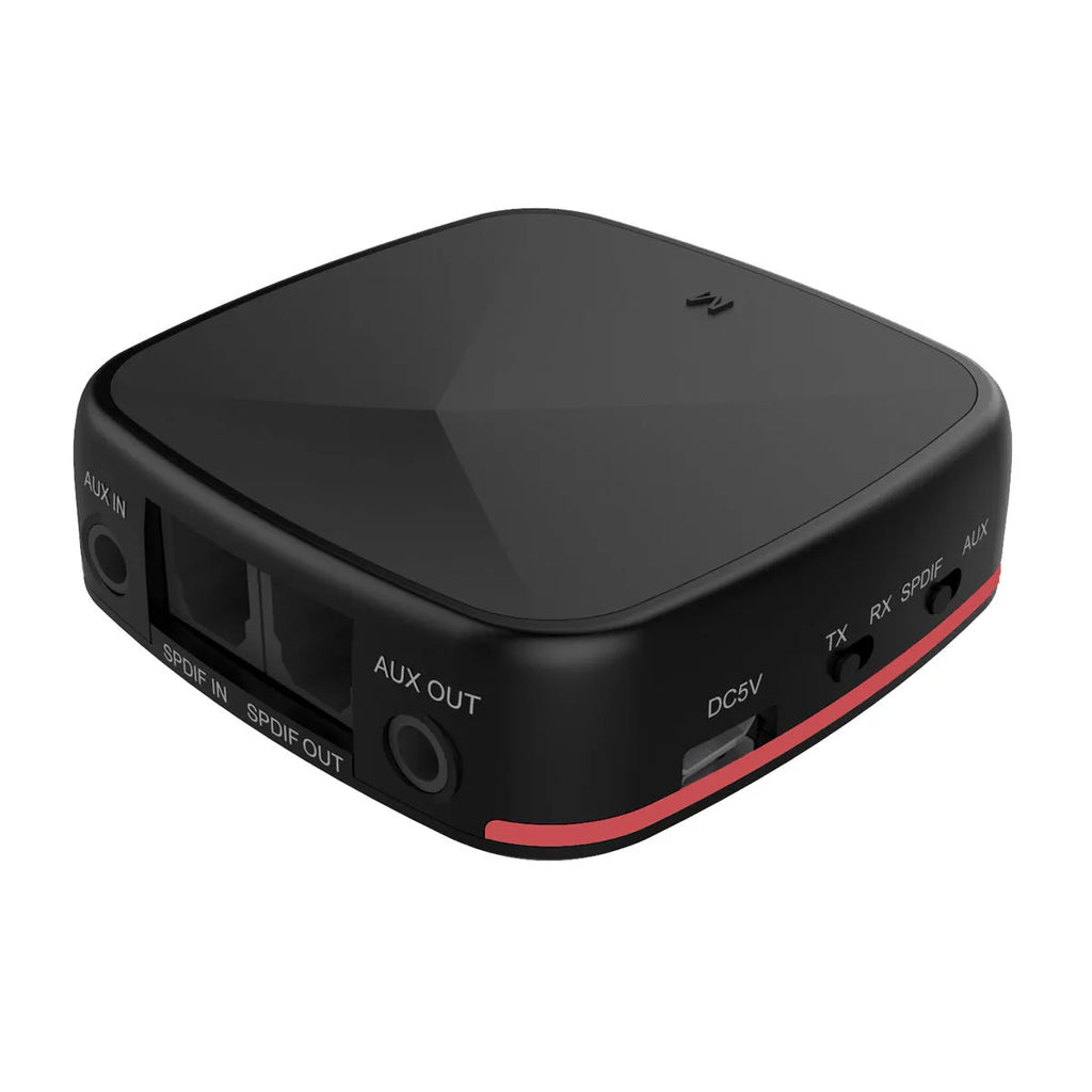 Black CSR8675 Bluetooth 5.0 audio adapter with optical and AUX ports on a white background