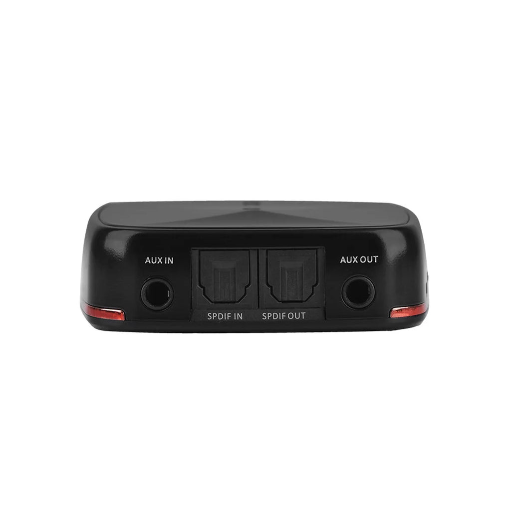 Black CSR8675 Bluetooth 5.0 audio adapter with optical and AUX ports on a white background