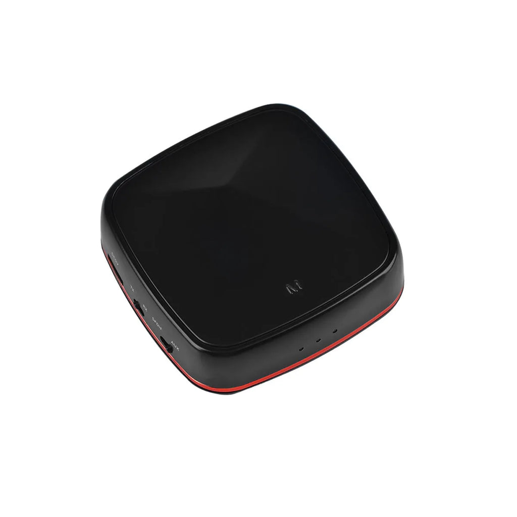 Black CSR8675 Bluetooth 5.0 audio adapter with optical and AUX ports on a white background