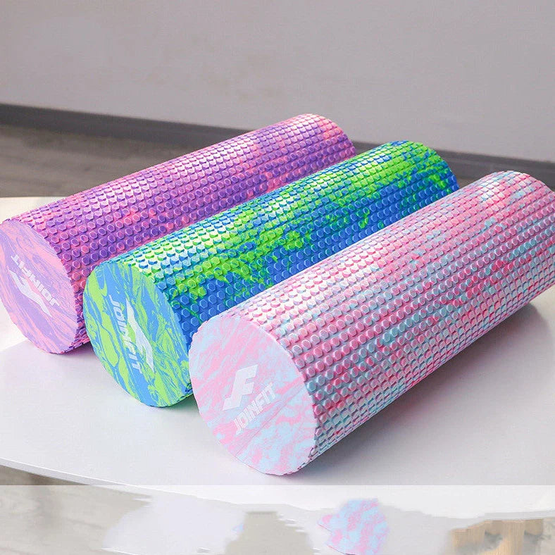 Yoga mace fitness massage column in pink-blue colour showing 45cm length and 14cm diameter