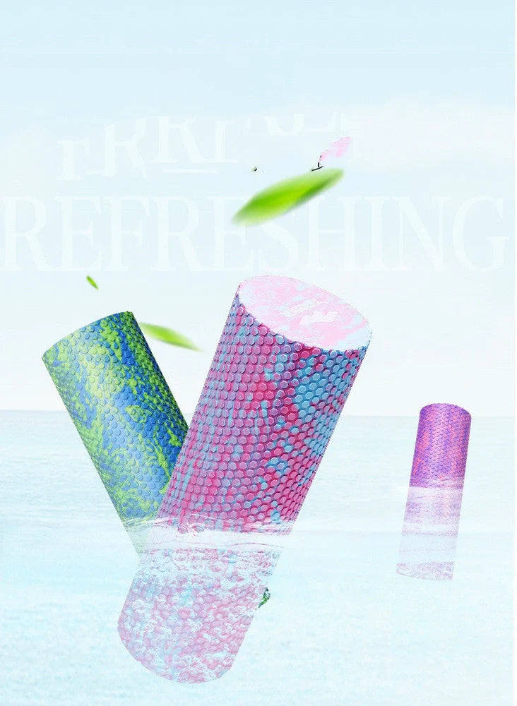 Yoga mace fitness massage column in pink-blue colour showing 45cm length and 14cm diameter