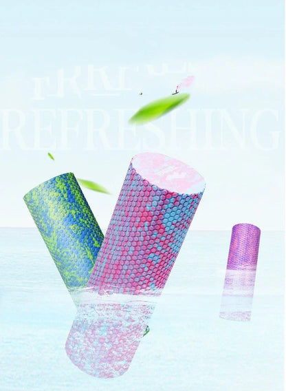 Yoga mace fitness massage column in pink-blue colour showing 45cm length and 14cm diameter