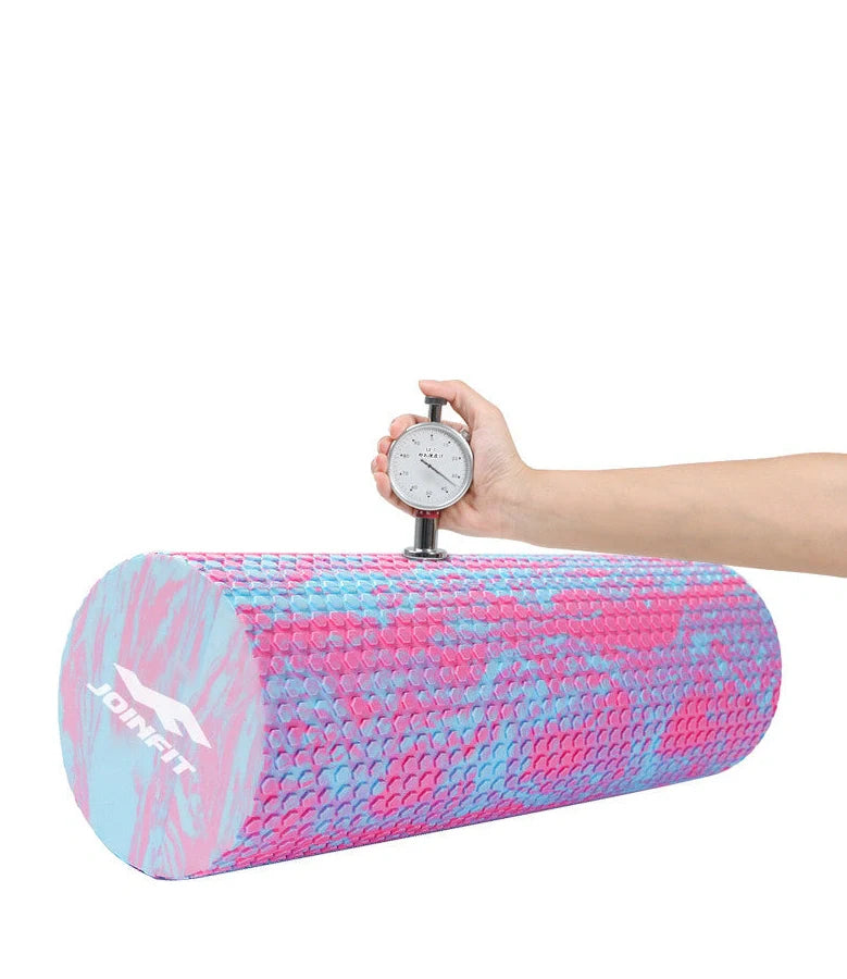 Yoga mace fitness massage column in pink-blue colour showing 45cm length and 14cm diameter