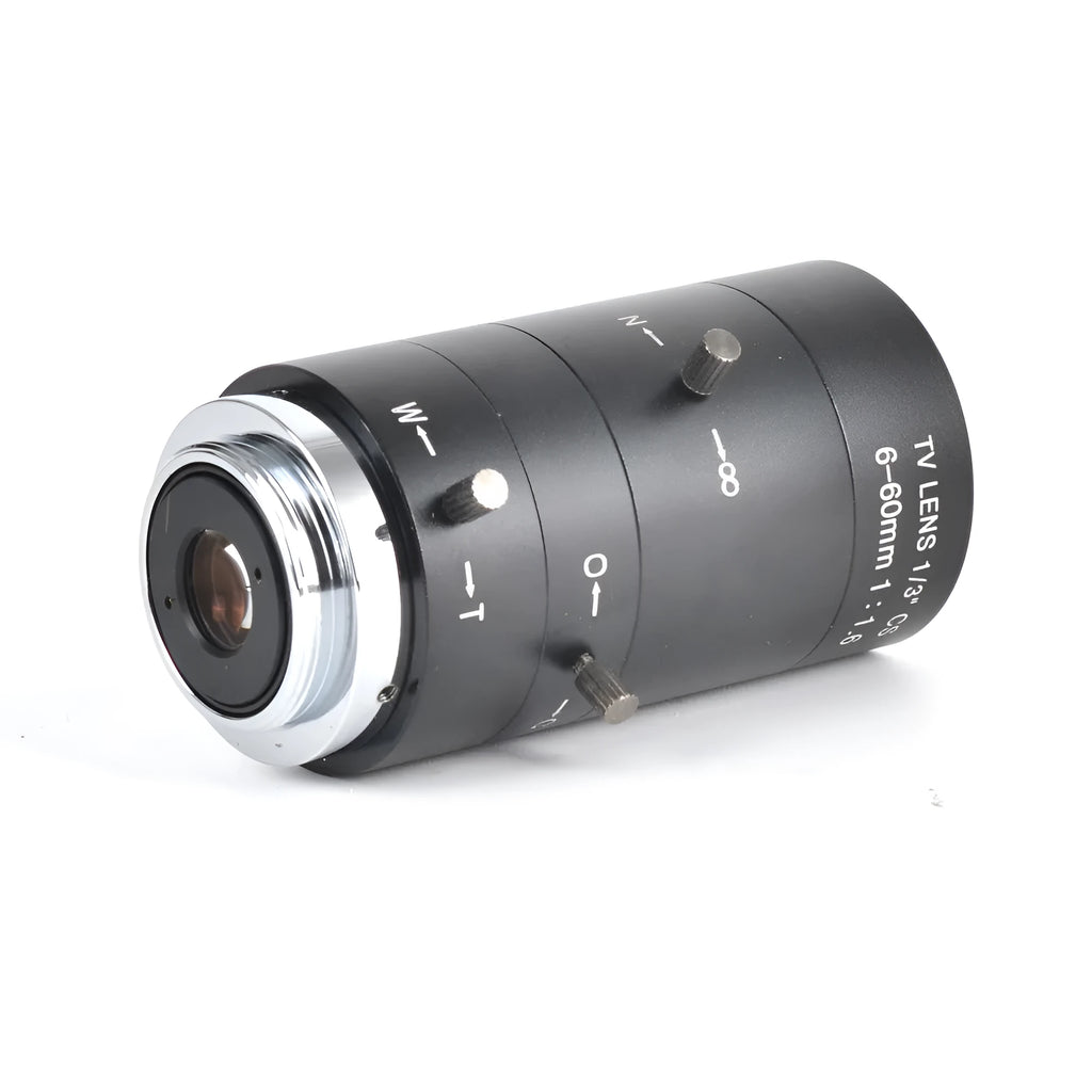 Black 6-60mm manual aperture CS mount CCTV camera lens for 1/3" sensor security systems.