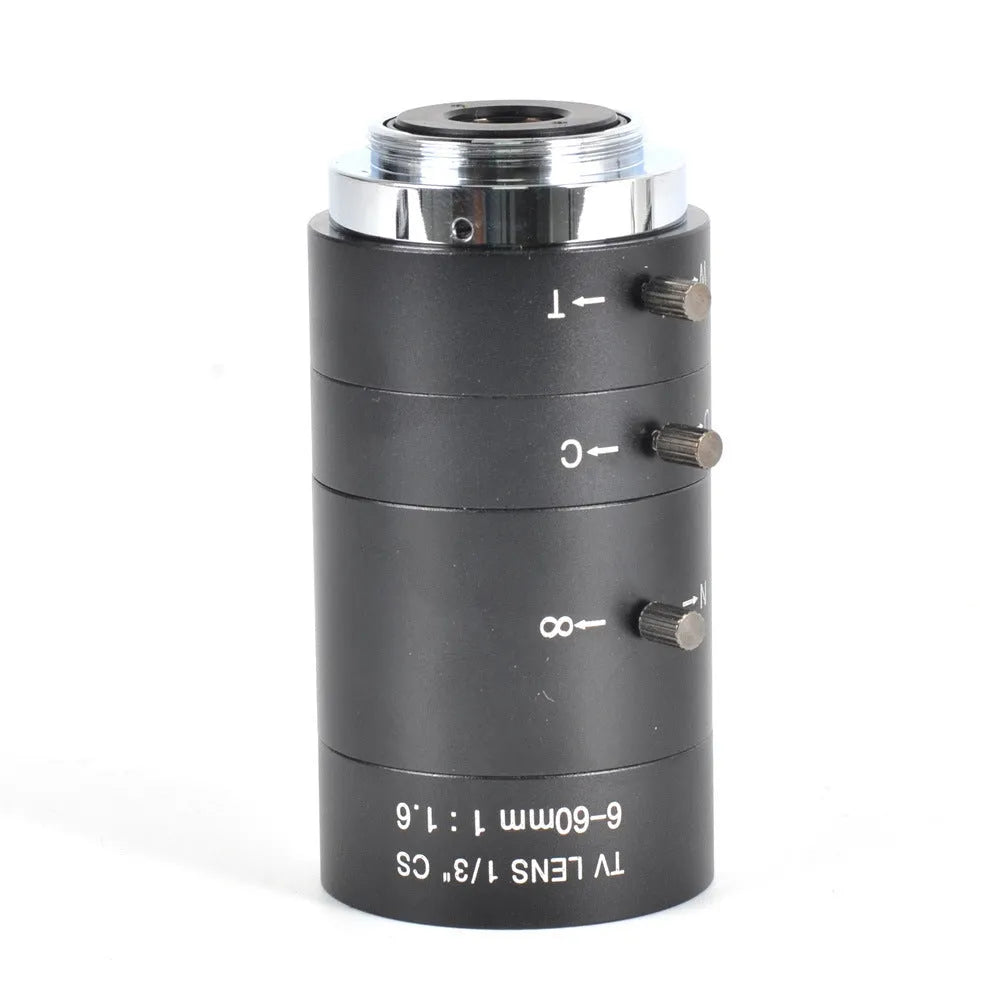 Black 6-60mm manual aperture CS mount CCTV camera lens for 1/3" sensor security systems.