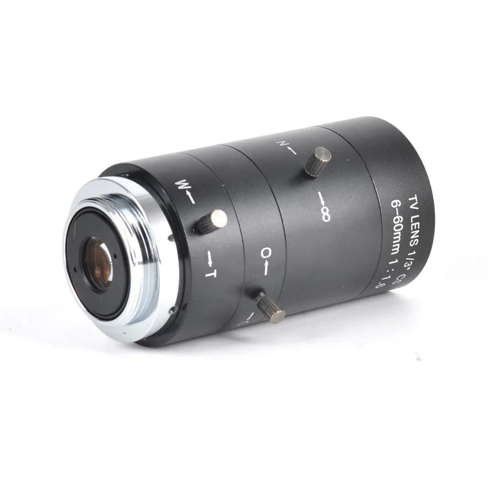 Black 6-60mm manual aperture CS mount CCTV camera lens for 1/3" sensor security systems.