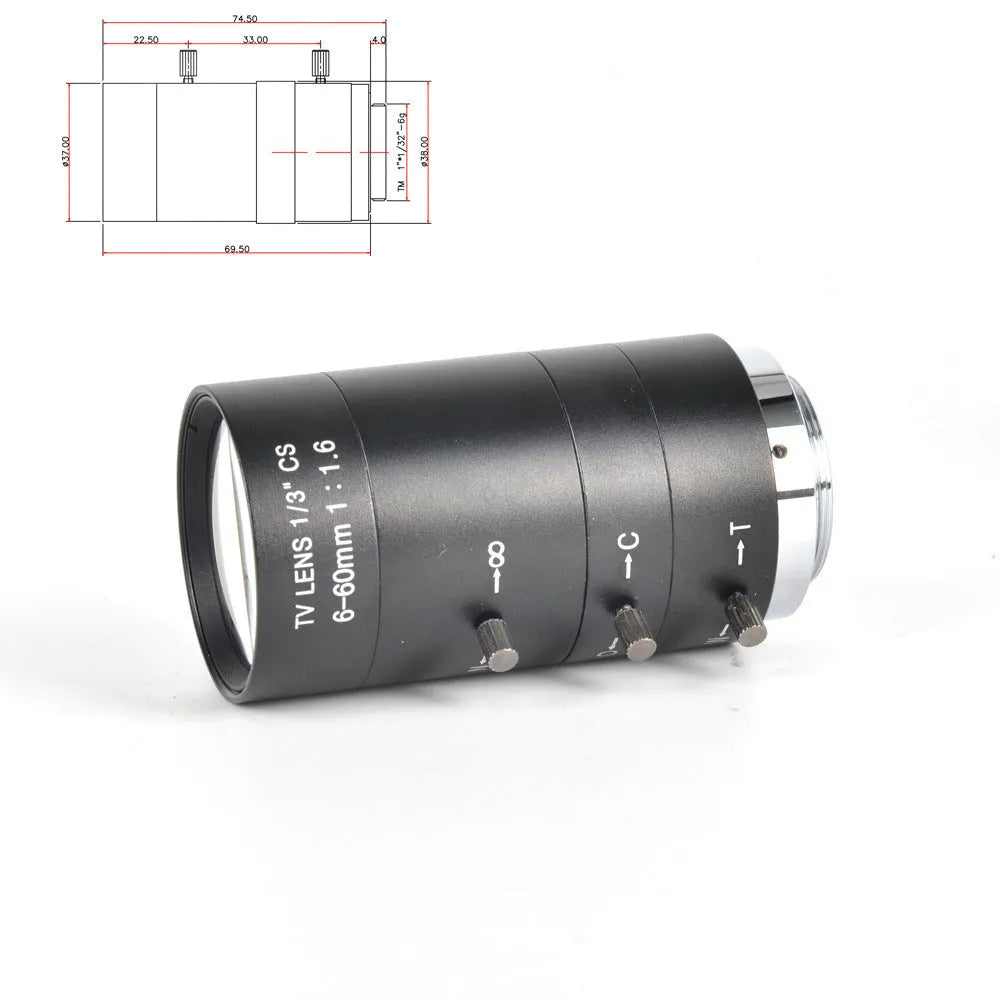 Black 6-60mm manual aperture CS mount CCTV camera lens for 1/3" sensor security systems.