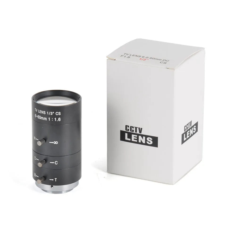 Black 6-60mm manual aperture CS mount CCTV camera lens for 1/3" sensor security systems.