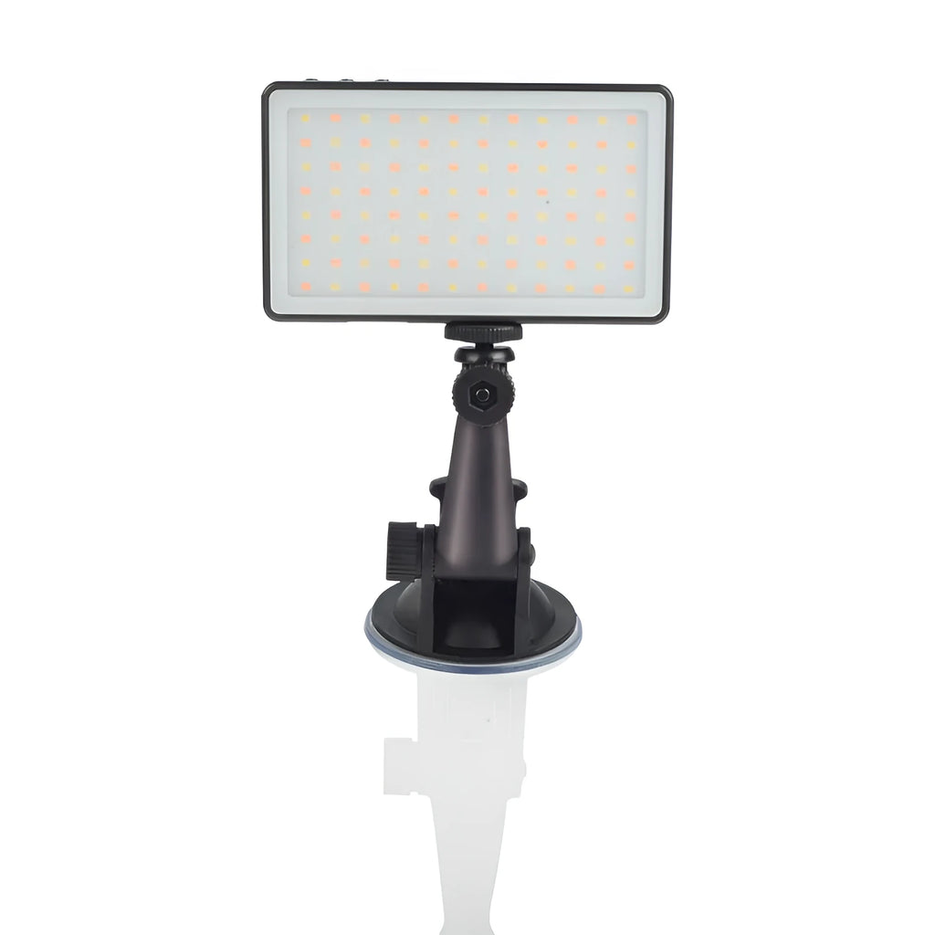 Black aluminium portable LED video light for laptop conferences with a display screen and Type-C port.