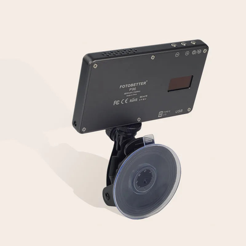 Black aluminium portable LED video light for laptop conferences with a display screen and Type-C port.