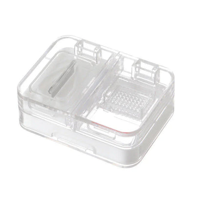 Portable mini medicine storage box with tablet cutter in red, green, blue, and white