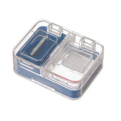Portable mini medicine storage box with tablet cutter in red, green, blue, and white