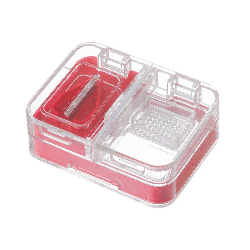 Portable mini medicine storage box with tablet cutter in red, green, blue, and white