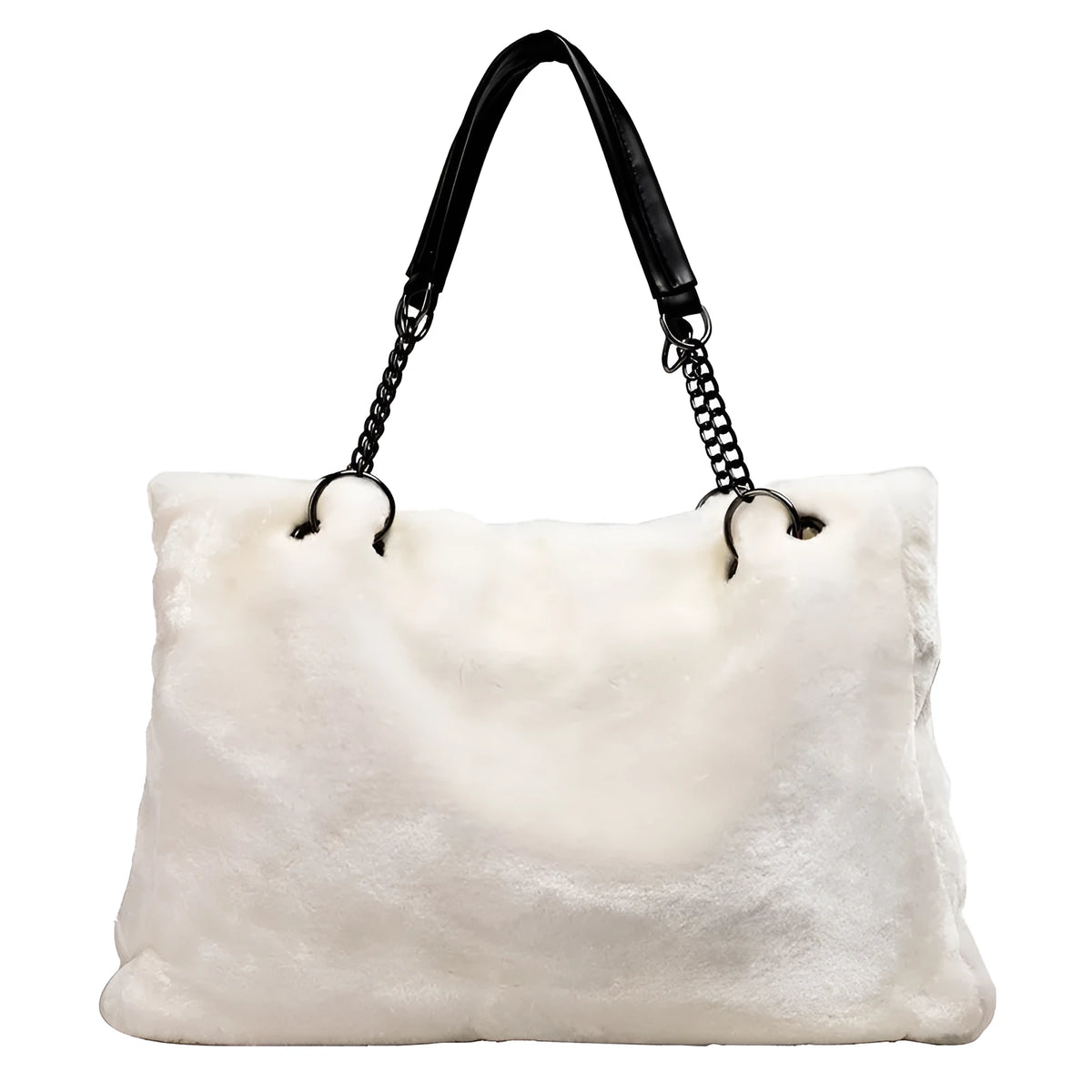 Plush wool horizontal square handbag with zipper closure and soft handle, 45cm width, available in multiple colours