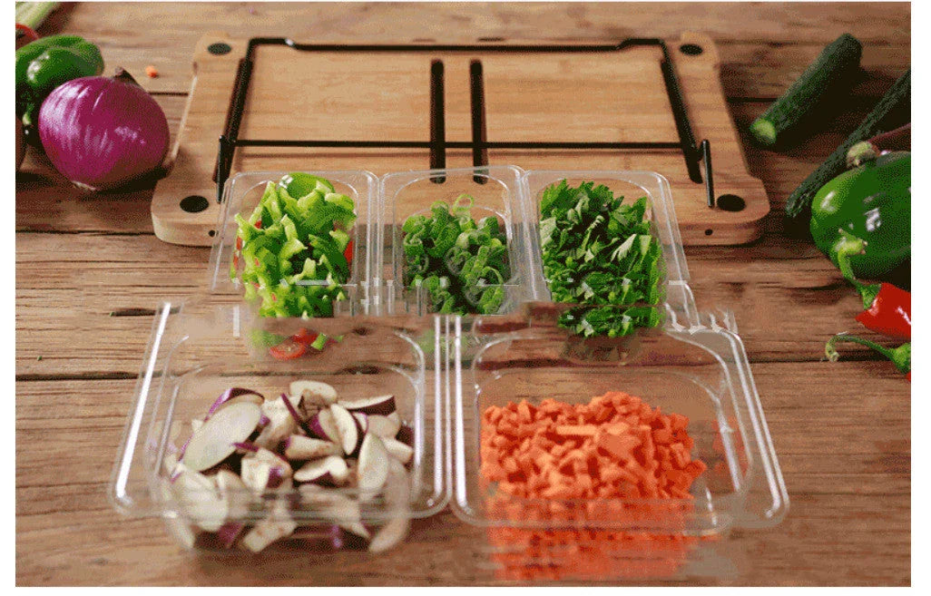 Versatile bamboo cutting board with integrated storage trays for organized meal prep